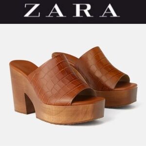 ZARA BROWN FAUX CROC LEATHER PLATFORM CLOG MULES 70S RETRO CHUNKY HEELS